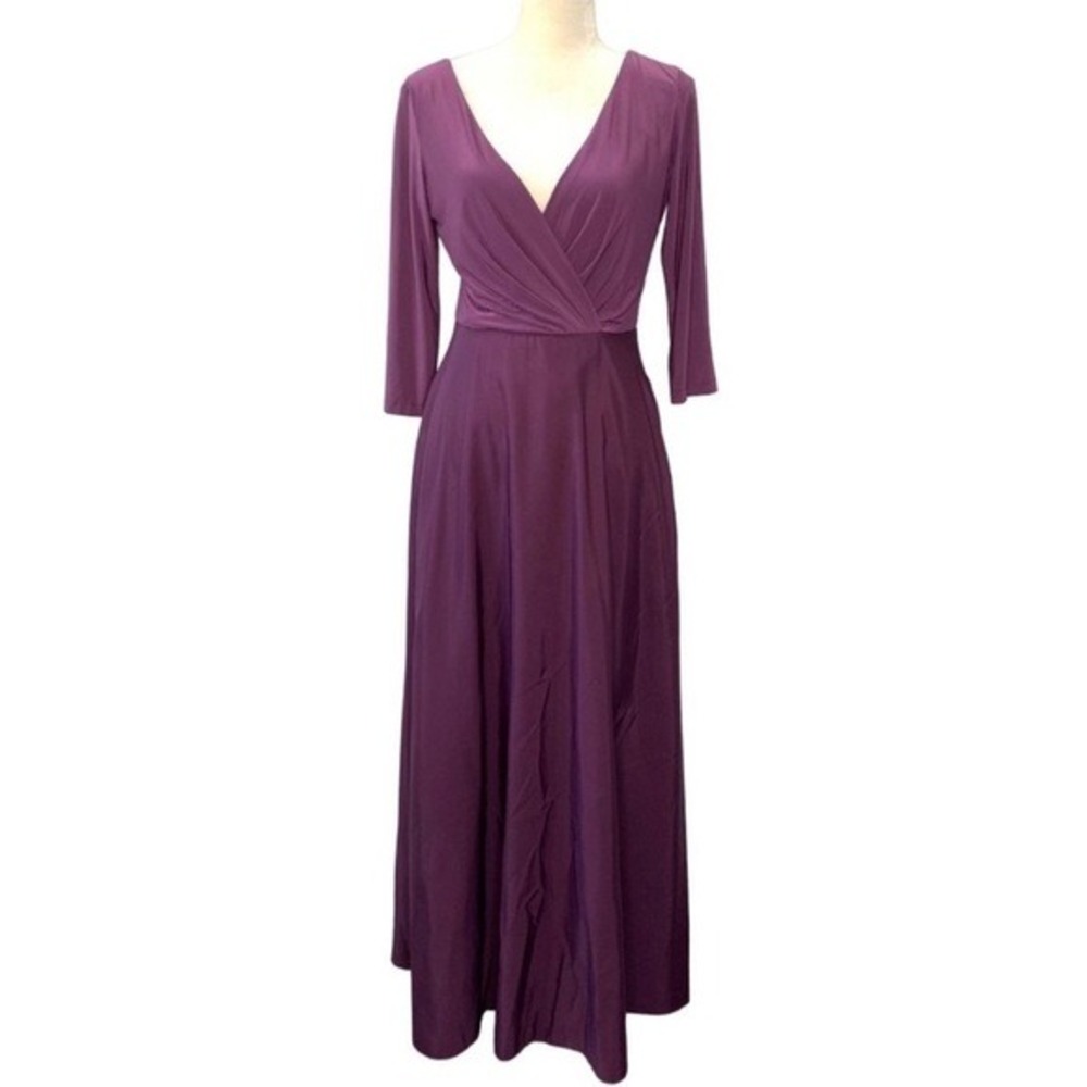 Alfred Sung Mikado 3/4 Sleeve V-Neck Maxi Dress Purple Size 8 Bridesmaid‎